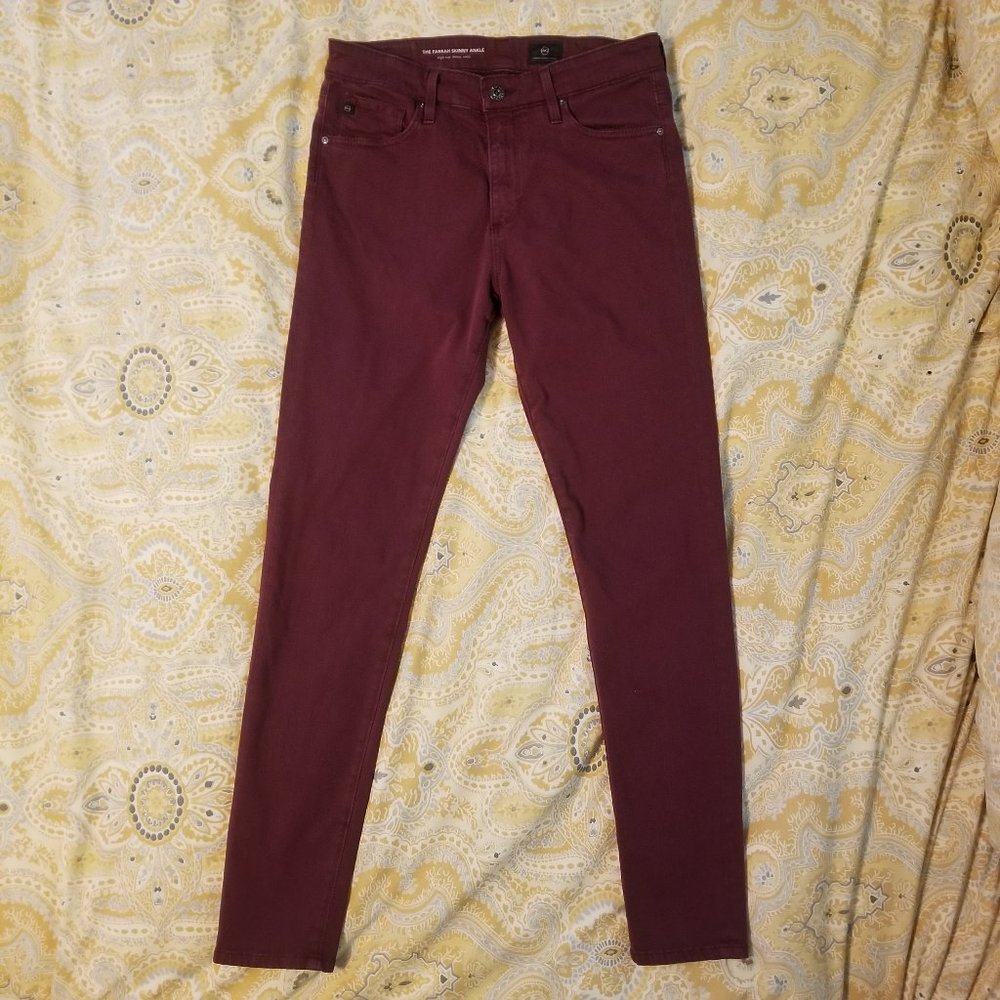 Burgundy AG Farrah skinny ankle jeans, size 27
